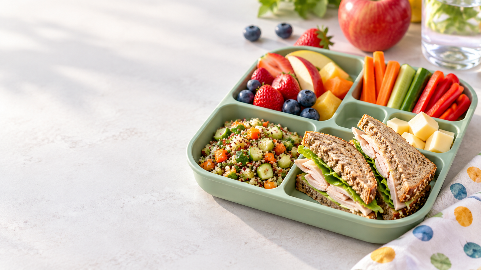 Repas coloré et équilibré présenté dans une assiette compartimentée pour enfant
